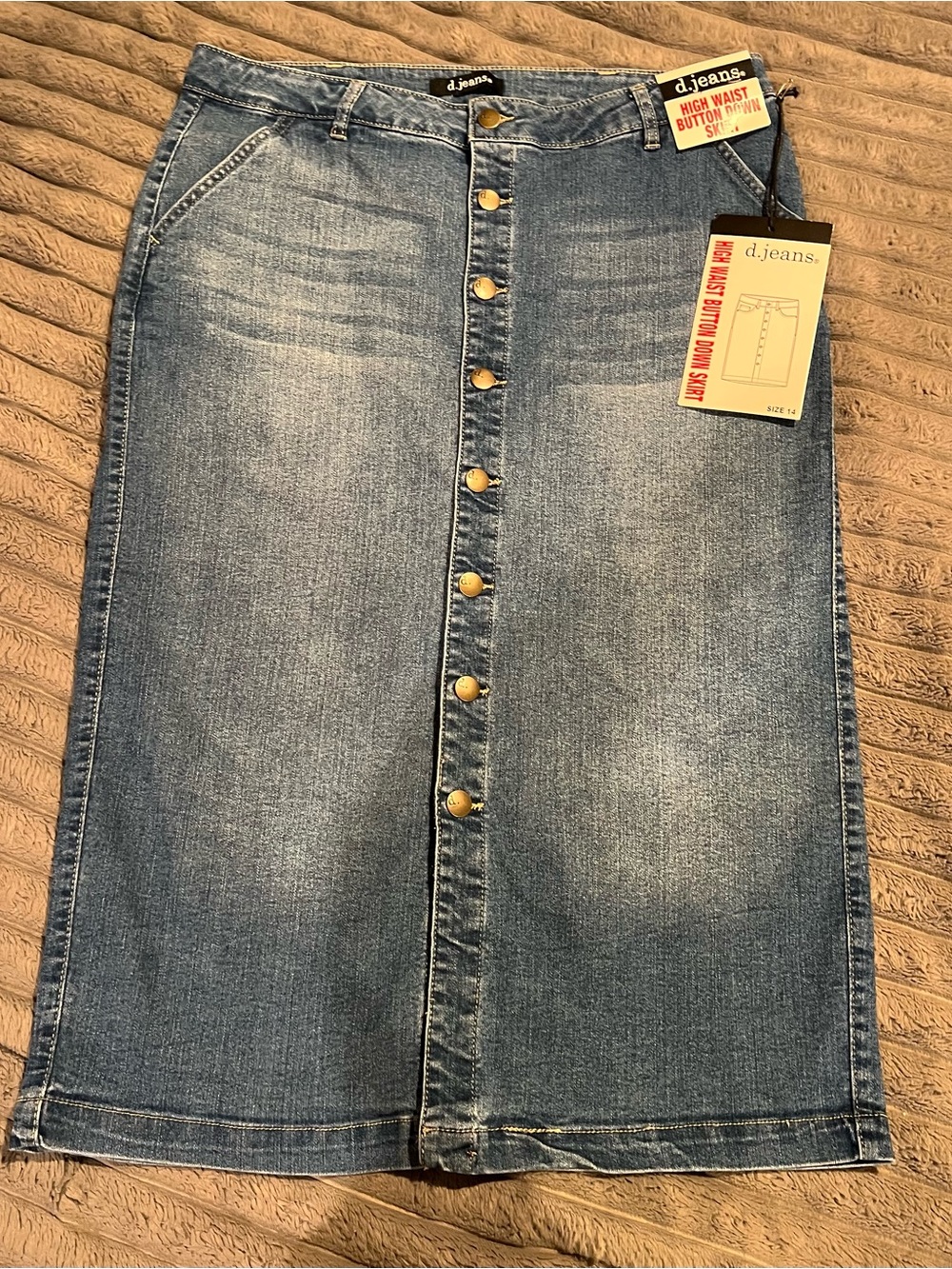 D. JEANS HIGH WAIST BUTTON DOWN SKIRT SIZE 14 STRETCH POCKETS MIDI DENIM NEW TAG